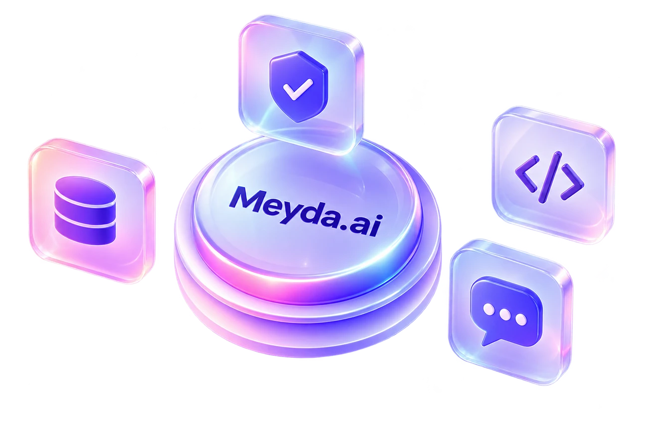 Meyda.ai illustration connected to conversation, database, code and system controls